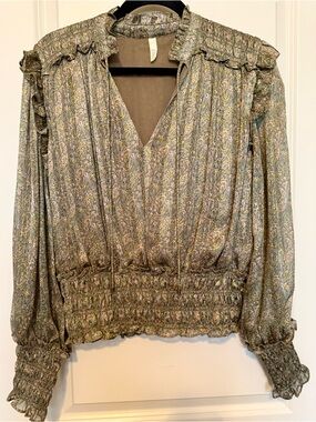 Floral Smocked-Waist V-Neck Blouse in Sage